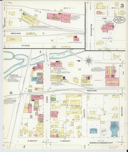 Sanborn Fire Insurance Map from Hudson, Lenawee County, Michigan (1907), Sheet #0003 - Complete Map Set gallery image, historic Sanborn map, vintage wall art, Michigan Michigan