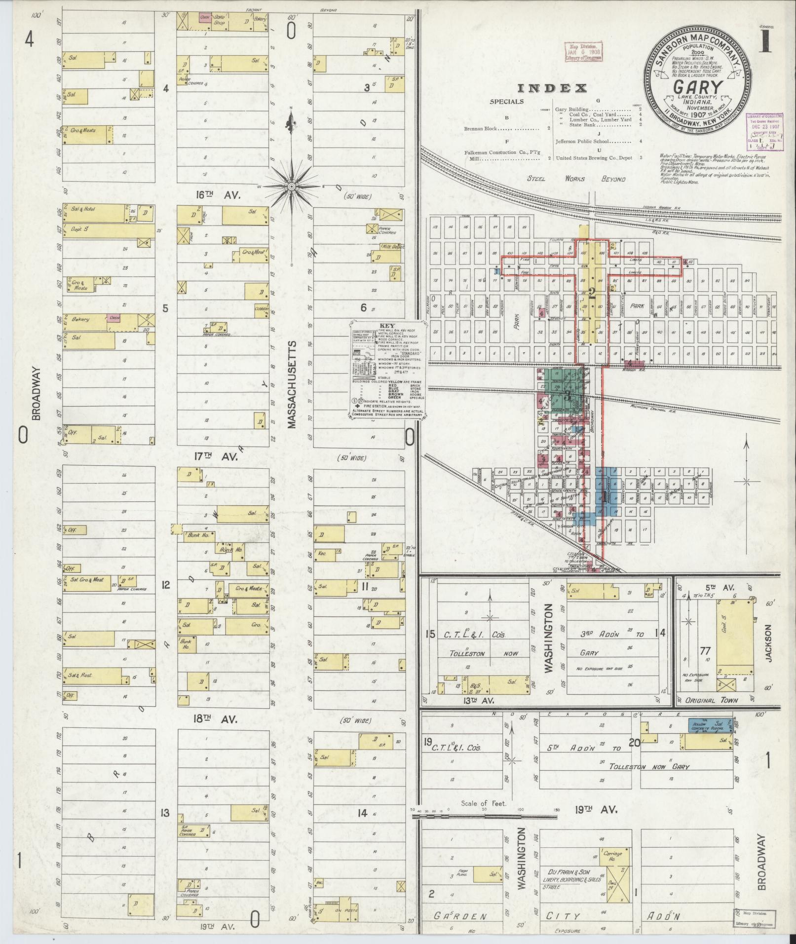 Sanborn Fire Insurance Map from Gary, Lake County, Indiana (1907), Sheet #0001 - Historic Sanborn Fire Insurance Map Print, vintage old map wall art, antique decor, genealogy gift, Indiana Indiana map