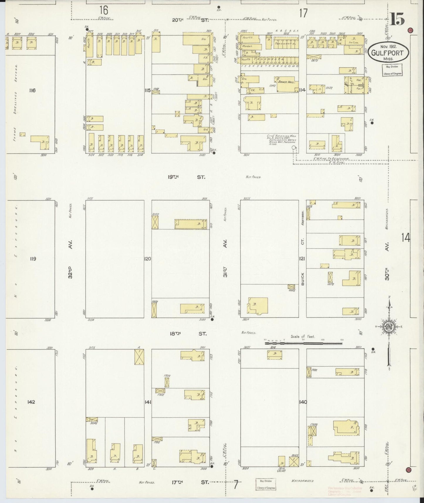 Sanborn Fire Insurance Map from Gulfport, Harrison County, Mississippi (1912), Sheet #0015 - Complete Map Set gallery image, historic Sanborn map, vintage wall art, Mississippi Mississippi