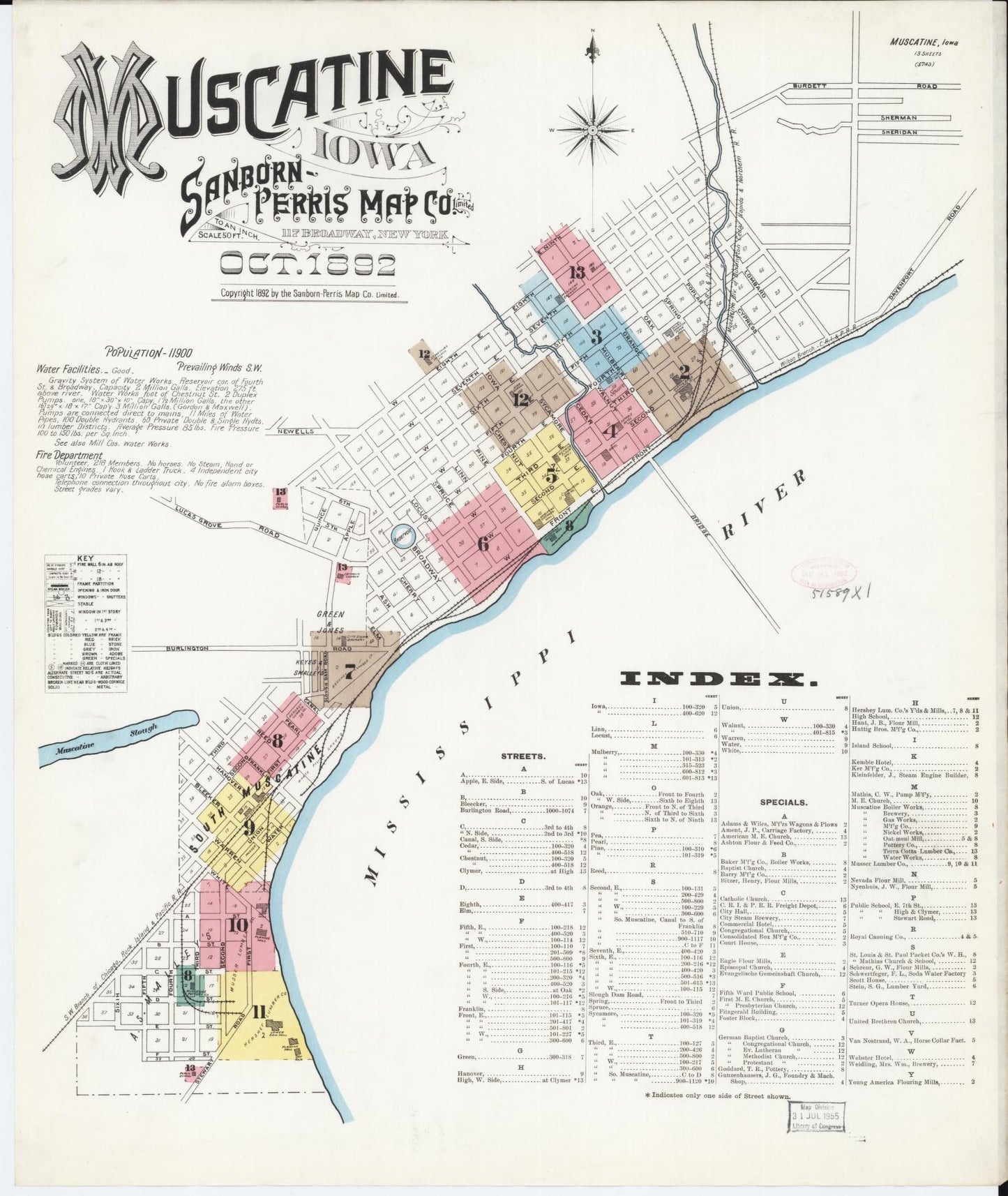 Sanborn Fire Insurance Map from Muscatine, Musactine County, Iowa (1892), Sheet #0001 - Historic Sanborn Fire Insurance Map Print