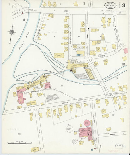 Sanborn Fire Insurance Map from Athol, Worcester County, Massachusetts (1911), Sheet #0009 - Historic Sanborn Fire Insurance Map Print, vintage old map wall art, antique decor, genealogy gift, Massachusetts Massachusetts map