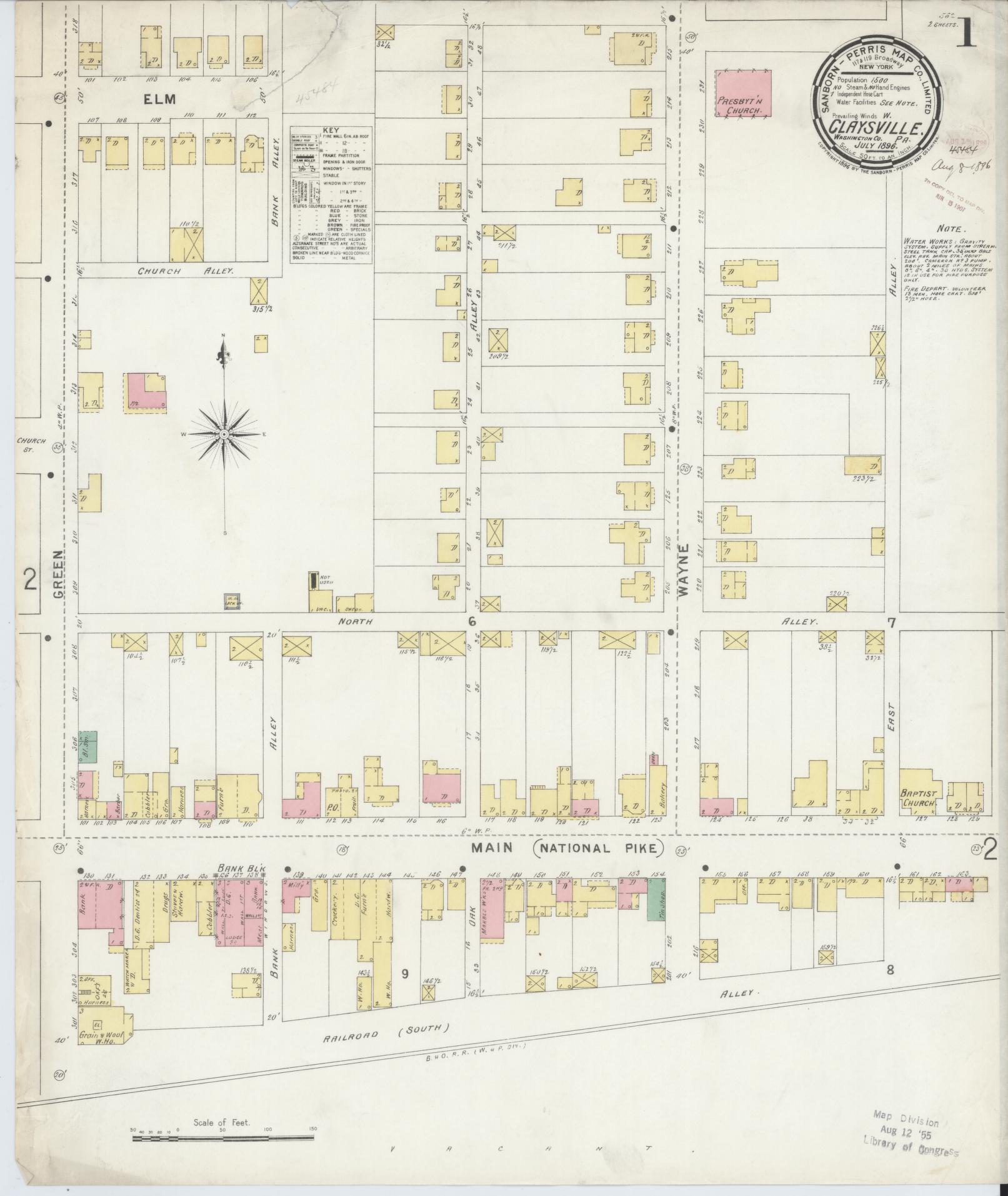 Sanborn Fire Insurance Map from Claysville, Washington County, Pennsylvania (1896), Sheet #0001 - Historic Sanborn Fire Insurance Map Print, vintage old map wall art, antique decor, genealogy gift, Pennsylvania Pennsylvania map