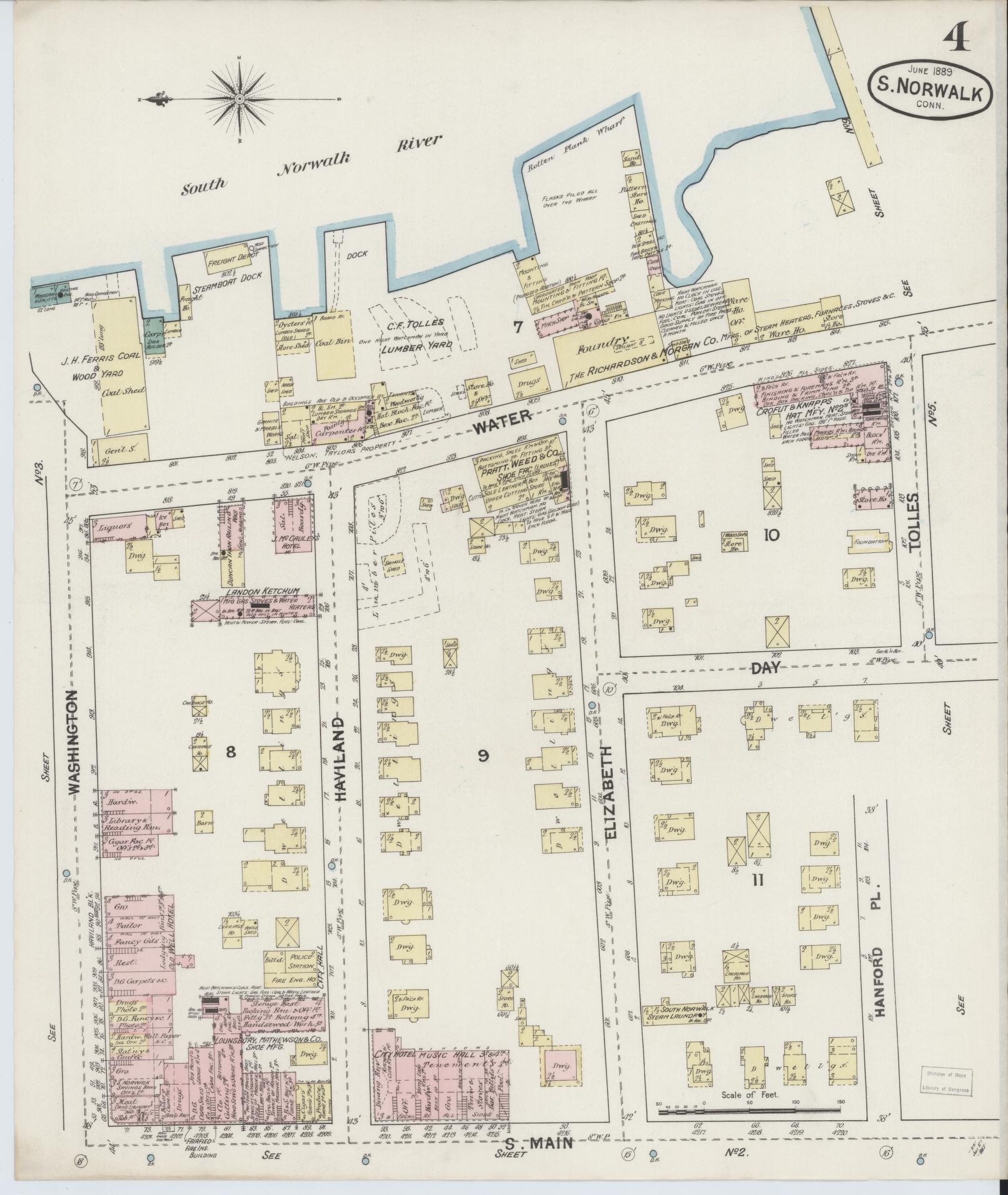 Sanborn Fire Insurance Map from South Norwalk, Fairfield County, Connecticut (1889), Sheet #0004 - Complete Map Set gallery image, historic Sanborn map, vintage wall art, Connecticut Connecticut