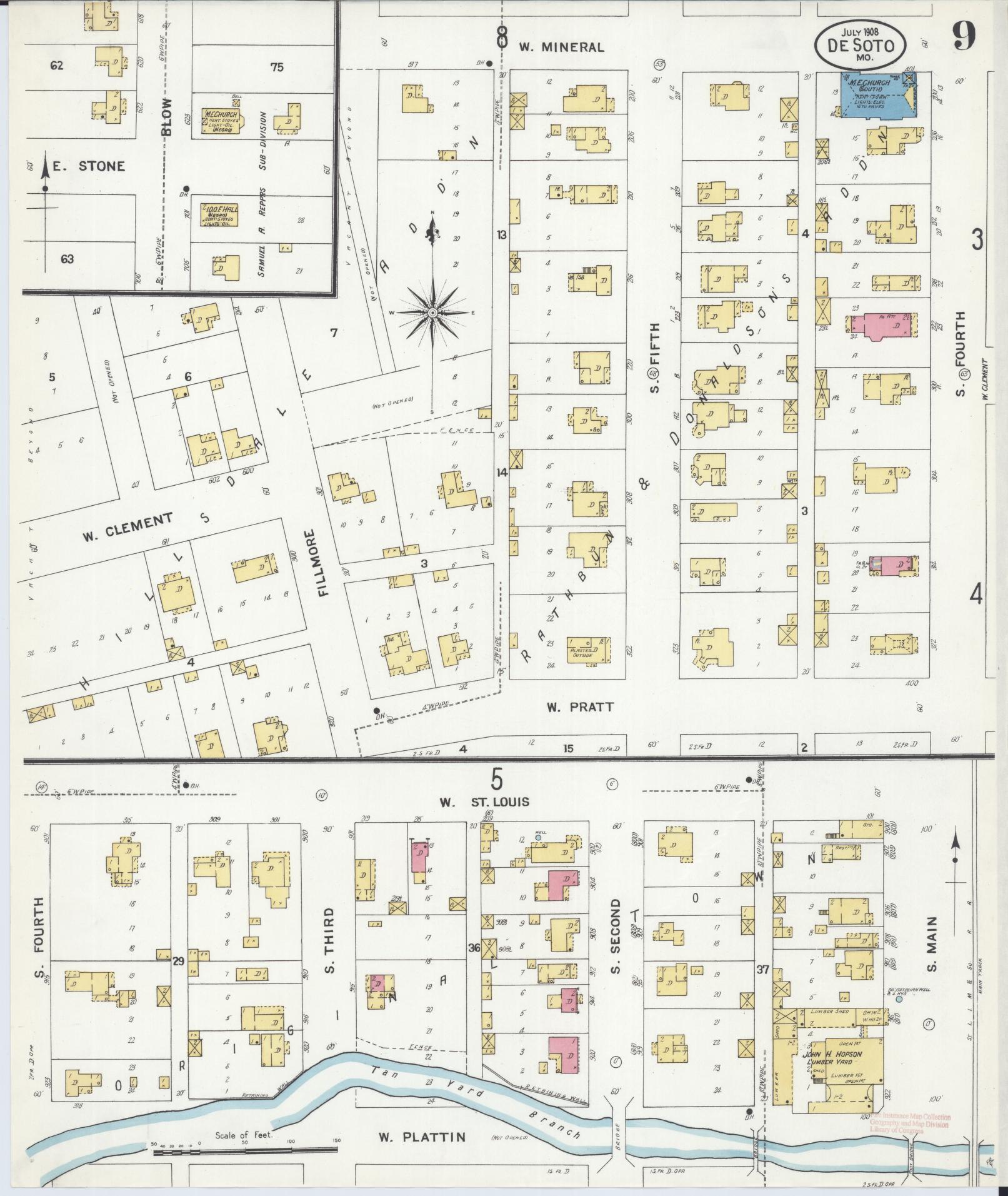 Sanborn Fire Insurance Map from De Soto, Jefferson County, Missouri (1908), Sheet #0009 - Complete Map Set gallery image, historic Sanborn map, vintage wall art, Missouri Missouri