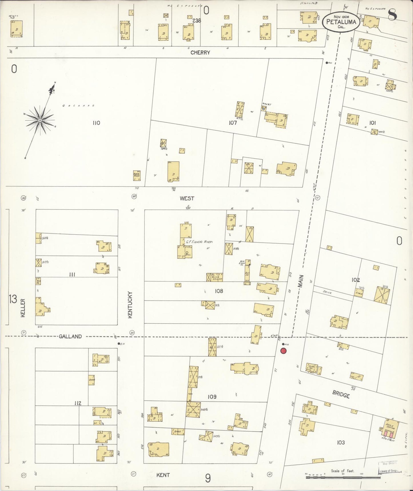 Sanborn Fire Insurance Map from Petaluma, Sonoma County, California (1906), Sheet #0008 - Complete Map Set gallery image, historic Sanborn map, vintage wall art, California California