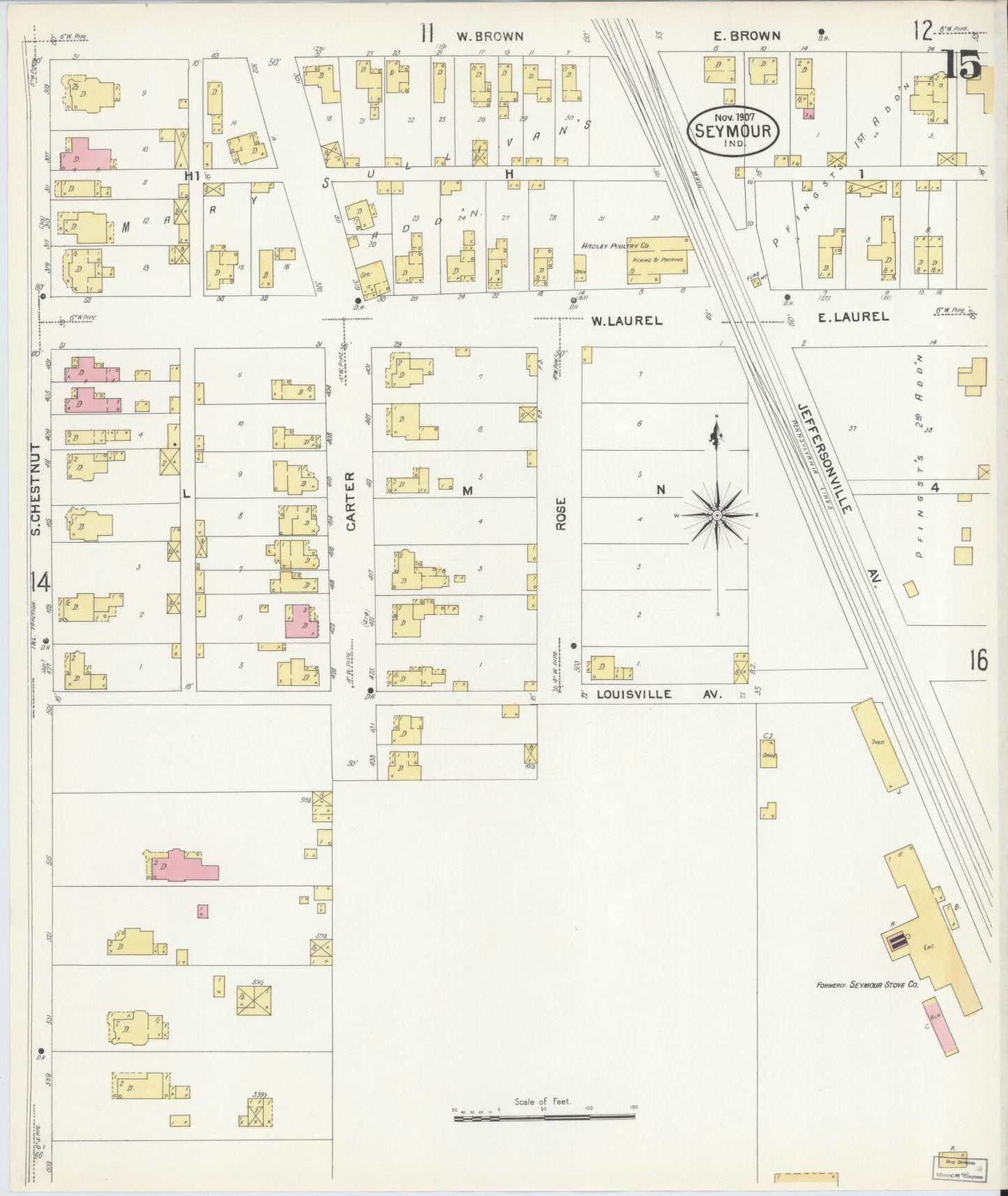Sanborn Fire Insurance Map from Seymour, Jackson County, Indiana (1907), Sheet #0015 - Complete Map Set gallery image, historic Sanborn map, vintage wall art, Indiana Indiana