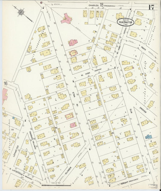 Sanborn Fire Insurance Map from Huntington, Huntington County, Indiana (1912), Sheet #0017 - Historic Sanborn Fire Insurance Map Print, vintage old map wall art, antique decor, genealogy gift, Indiana Indiana map