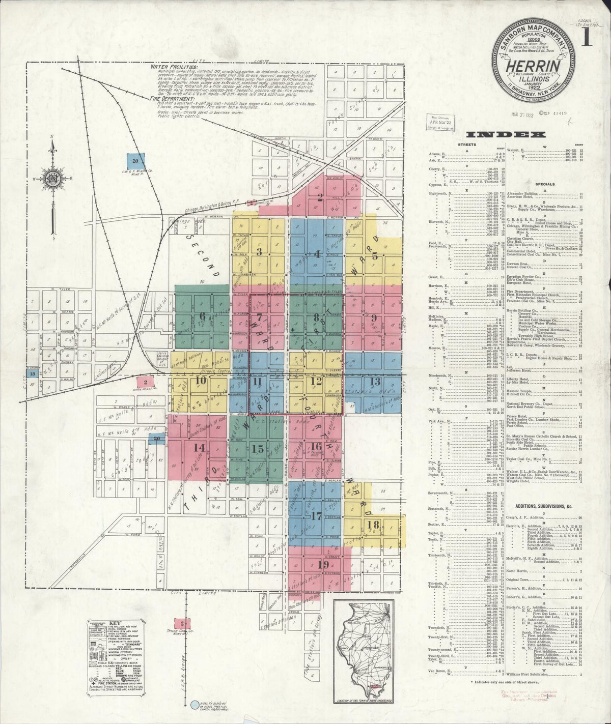 Sanborn Fire Insurance Map from Herrin, Williamson County, Illinois (1922), Sheet #0001 - Complete Map Set gallery image, historic Sanborn map, vintage wall art, Illinois Illinois