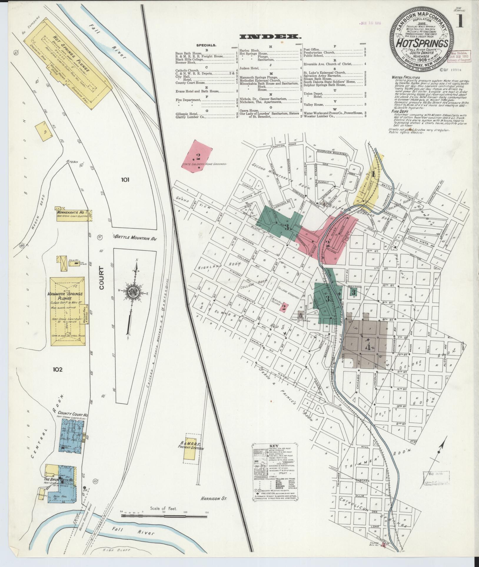 Sanborn Fire Insurance Map from Hot Springs, Fall River County, South Dakota (1909), Sheet #0001 - Complete Map Set gallery image, historic Sanborn map, vintage wall art, South Dakota South Dakota