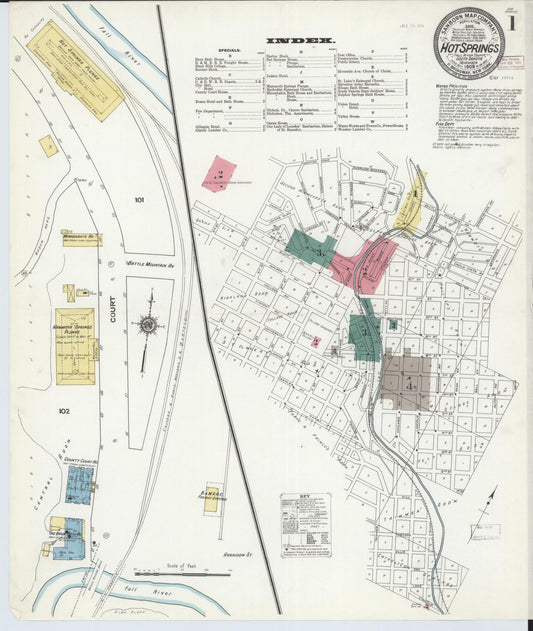 Sanborn Fire Insurance Map from Hot Springs, Fall River County, South Dakota (1909), Sheet #0001 - Complete Map Set gallery image, historic Sanborn map, vintage wall art, South Dakota South Dakota