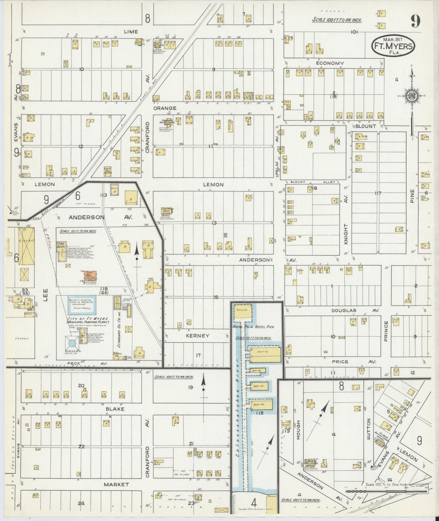 Sanborn Fire Insurance Map from Fort Myers, Lee County, Florida (1917), Sheet #0009 - Complete Map Set gallery image, historic Sanborn map, vintage wall art, Florida Florida
