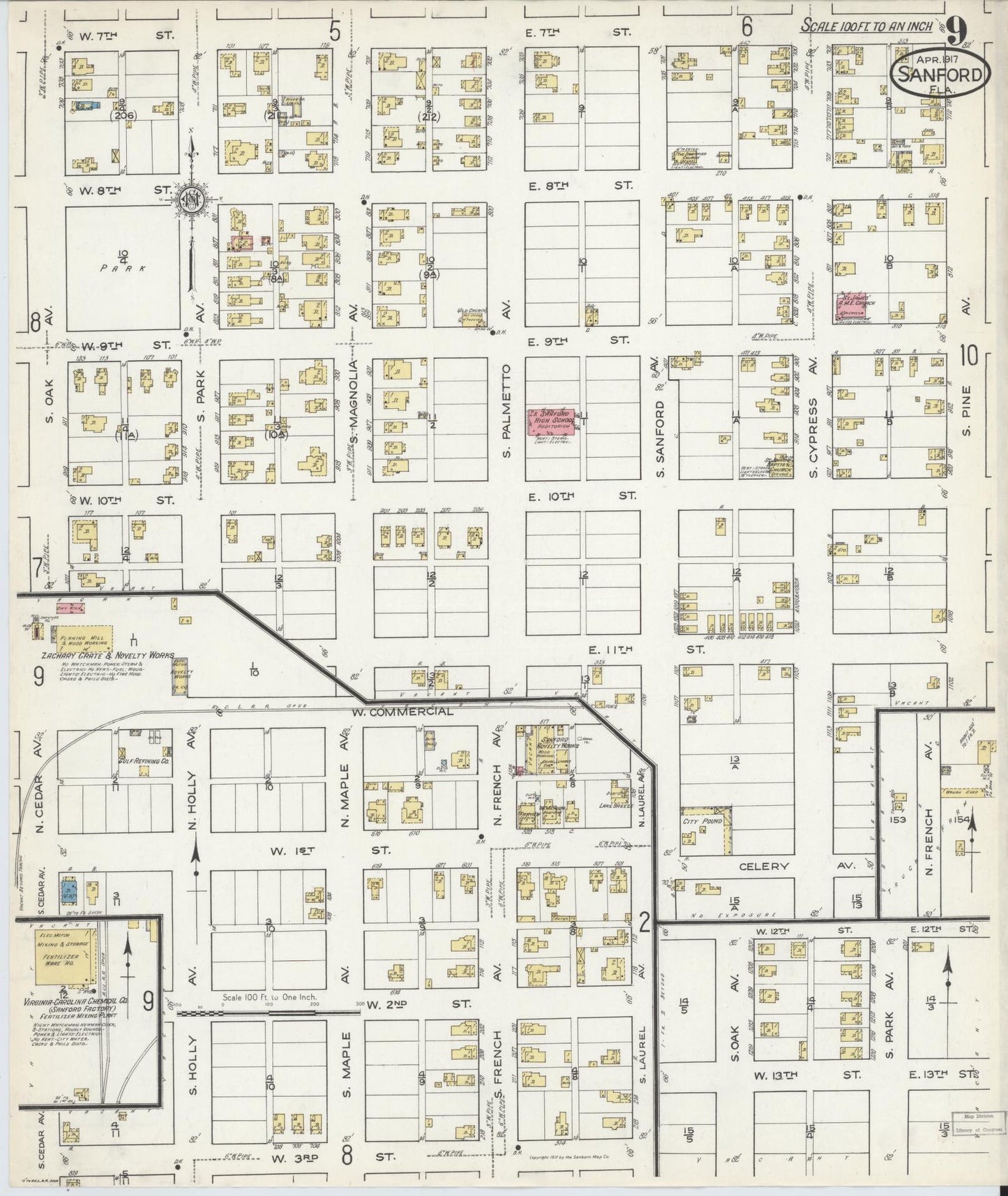 Sanborn Fire Insurance Map from Sanford, Seminole County, Florida (1917), Sheet #0009 - Complete Map Set gallery image, historic Sanborn map, vintage wall art, Florida Florida
