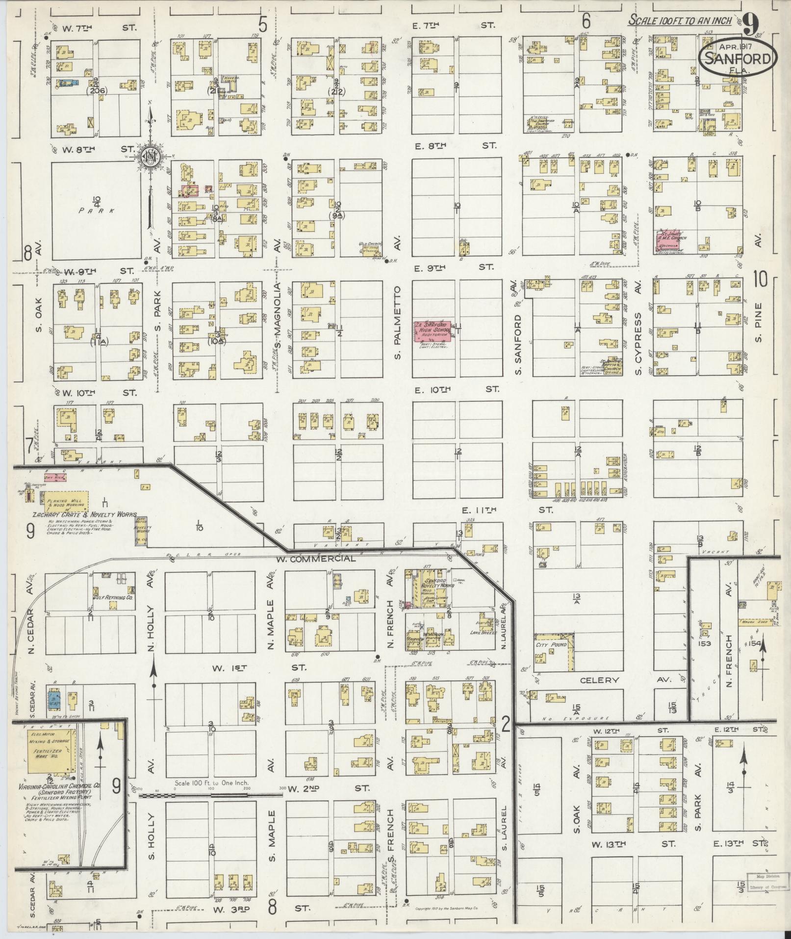 Sanborn Fire Insurance Map from Sanford, Seminole County, Florida (1917), Sheet #0009 - Complete Map Set gallery image, historic Sanborn map, vintage wall art, Florida Florida