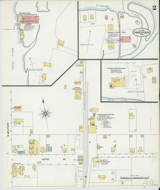 Sanborn Fire Insurance Map from Lawrenceburg, Lawrence County, Tennessee (1899), Sheet #0002 - Historic Sanborn Fire Insurance Map Print, vintage old map wall art, antique decor, genealogy gift, Tennessee Tennessee map