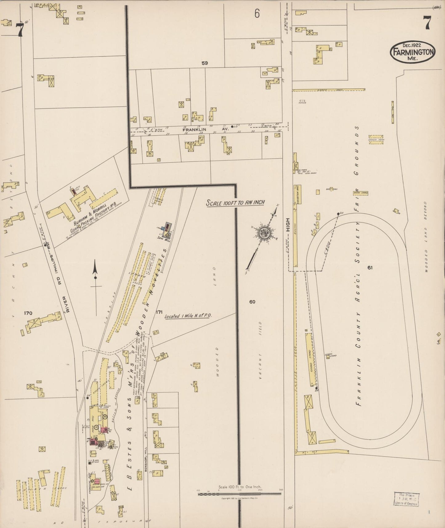 Sanborn Fire Insurance Map from Farmington, Franklin County, Maine (1922), Sheet #0007 - Complete Map Set gallery image, historic Sanborn map, vintage wall art, Maine Maine