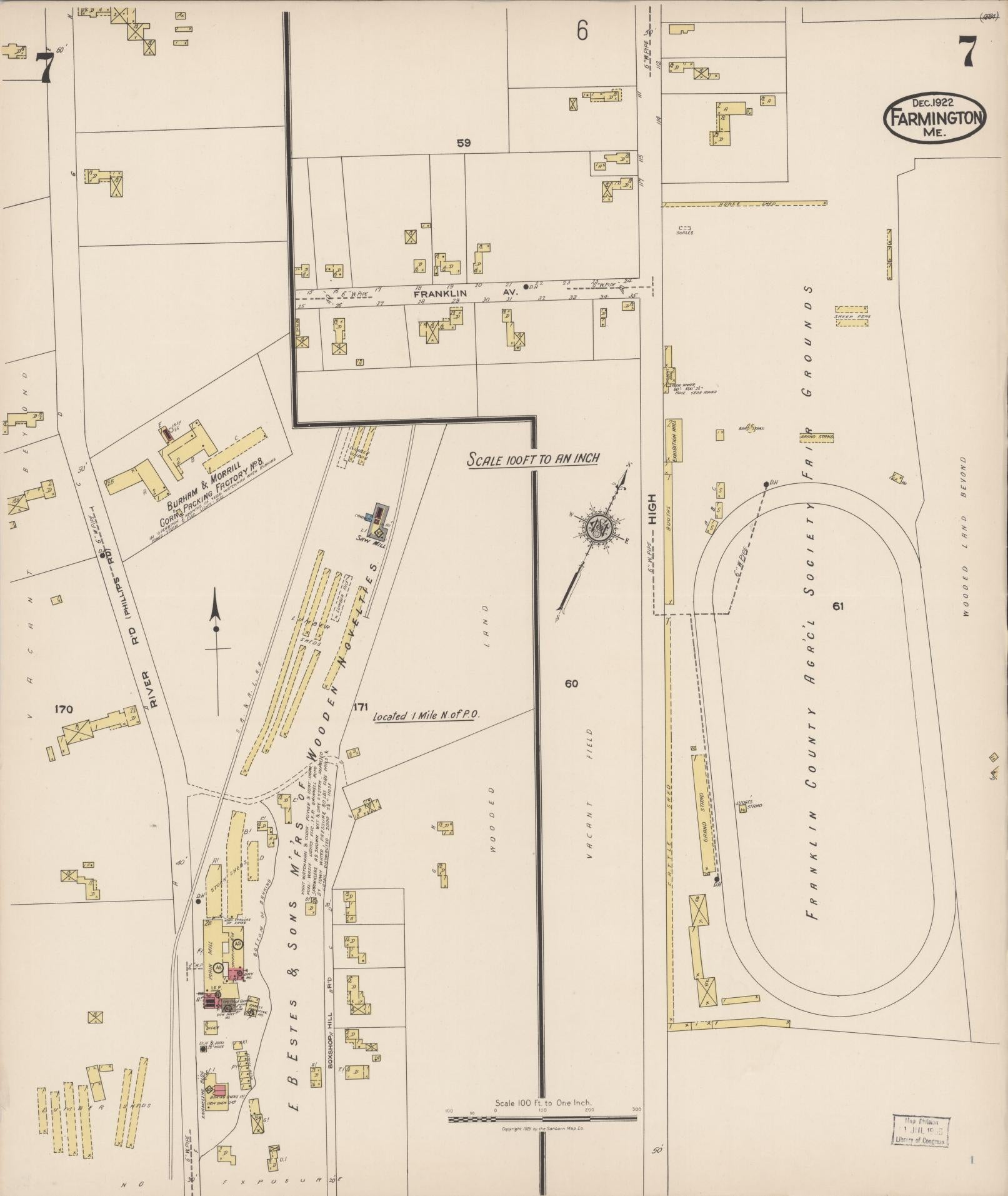Sanborn Fire Insurance Map from Farmington, Franklin County, Maine (1922), Sheet #0007 - Complete Map Set gallery image, historic Sanborn map, vintage wall art, Maine Maine
