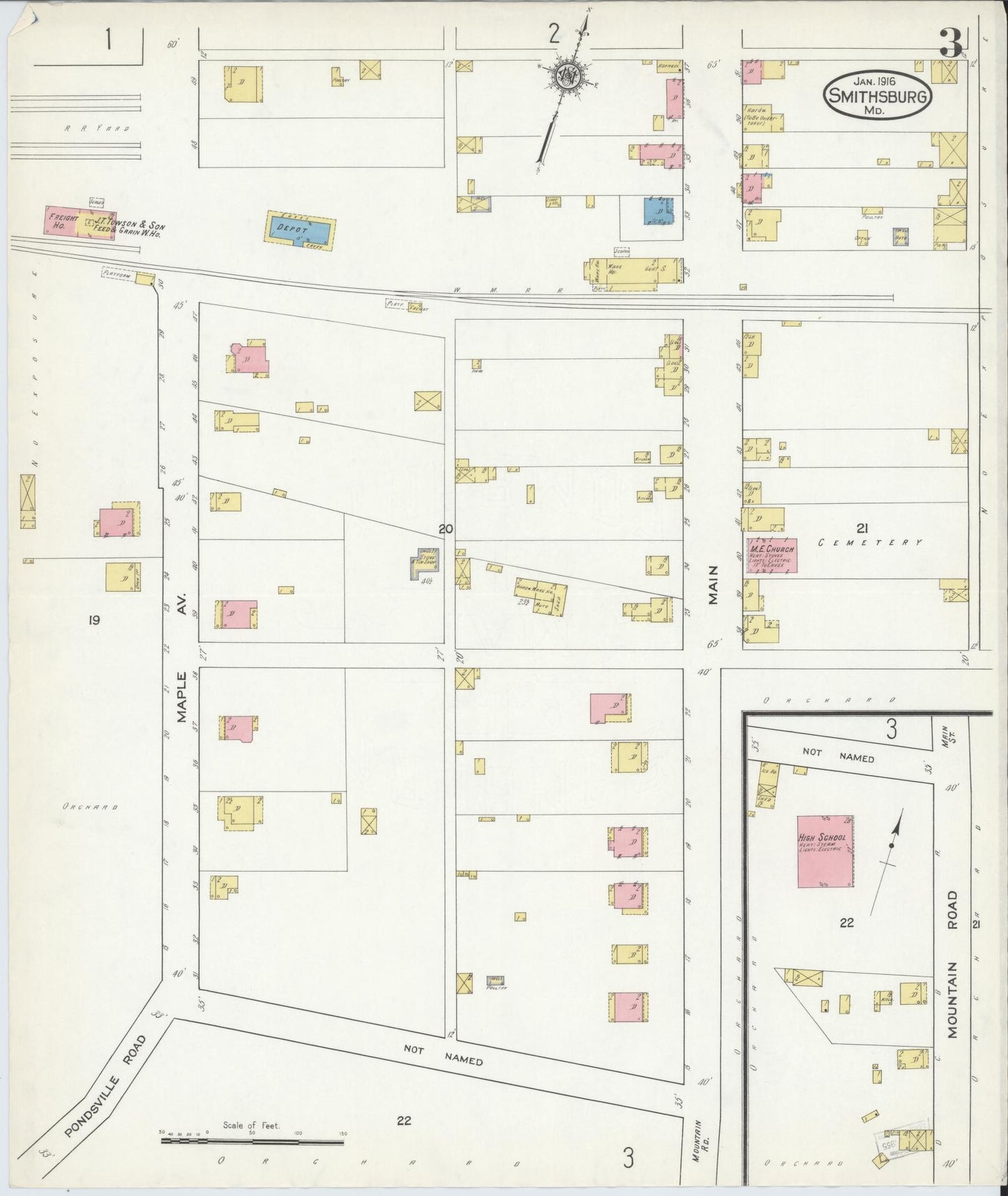 Washington, Maryland - 1916 - Sanborn Fire Insurance Map, Sheet #0003 - Historic Sanborn Fire Insurance Map Print, Washington Maryland 1916 0003 vintage old map wall art
