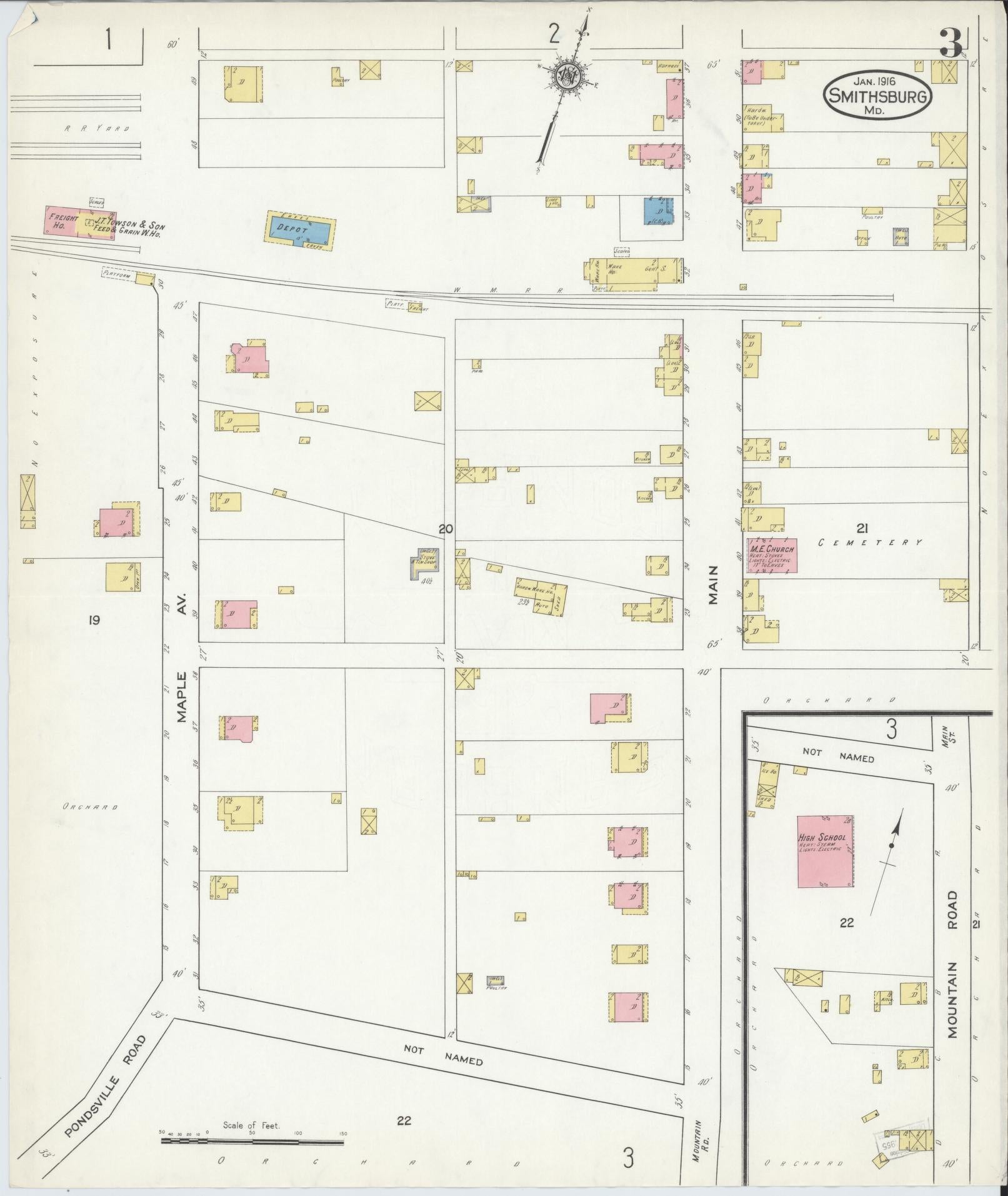 Washington, Maryland - 1916 - Sanborn Fire Insurance Map, Sheet #0003 - Historic Sanborn Fire Insurance Map Print, Washington Maryland 1916 0003 vintage old map wall art