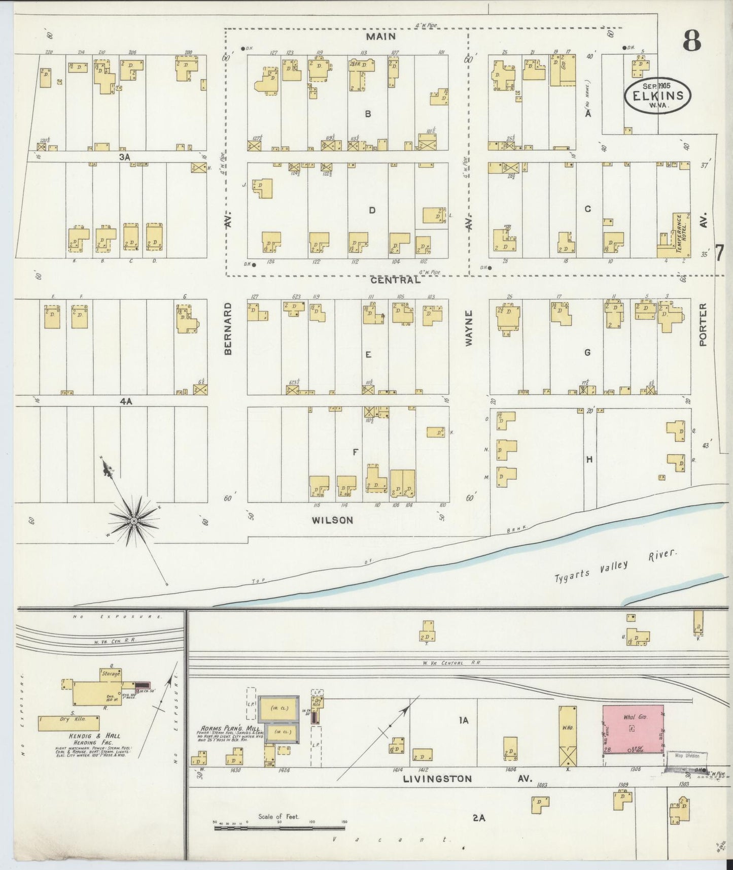 Sanborn Fire Insurance Map from Elkins, Randolph County, West Virginia (1905), Sheet #0008 - Historic Sanborn Fire Insurance Map Print, vintage old map wall art, antique decor, genealogy gift, West Virginia West Virginia map