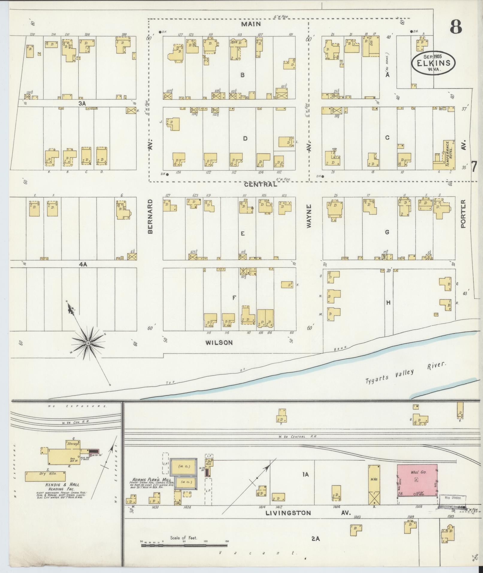 Sanborn Fire Insurance Map from Elkins, Randolph County, West Virginia (1905), Sheet #0008 - Historic Sanborn Fire Insurance Map Print, vintage old map wall art, antique decor, genealogy gift, West Virginia West Virginia map