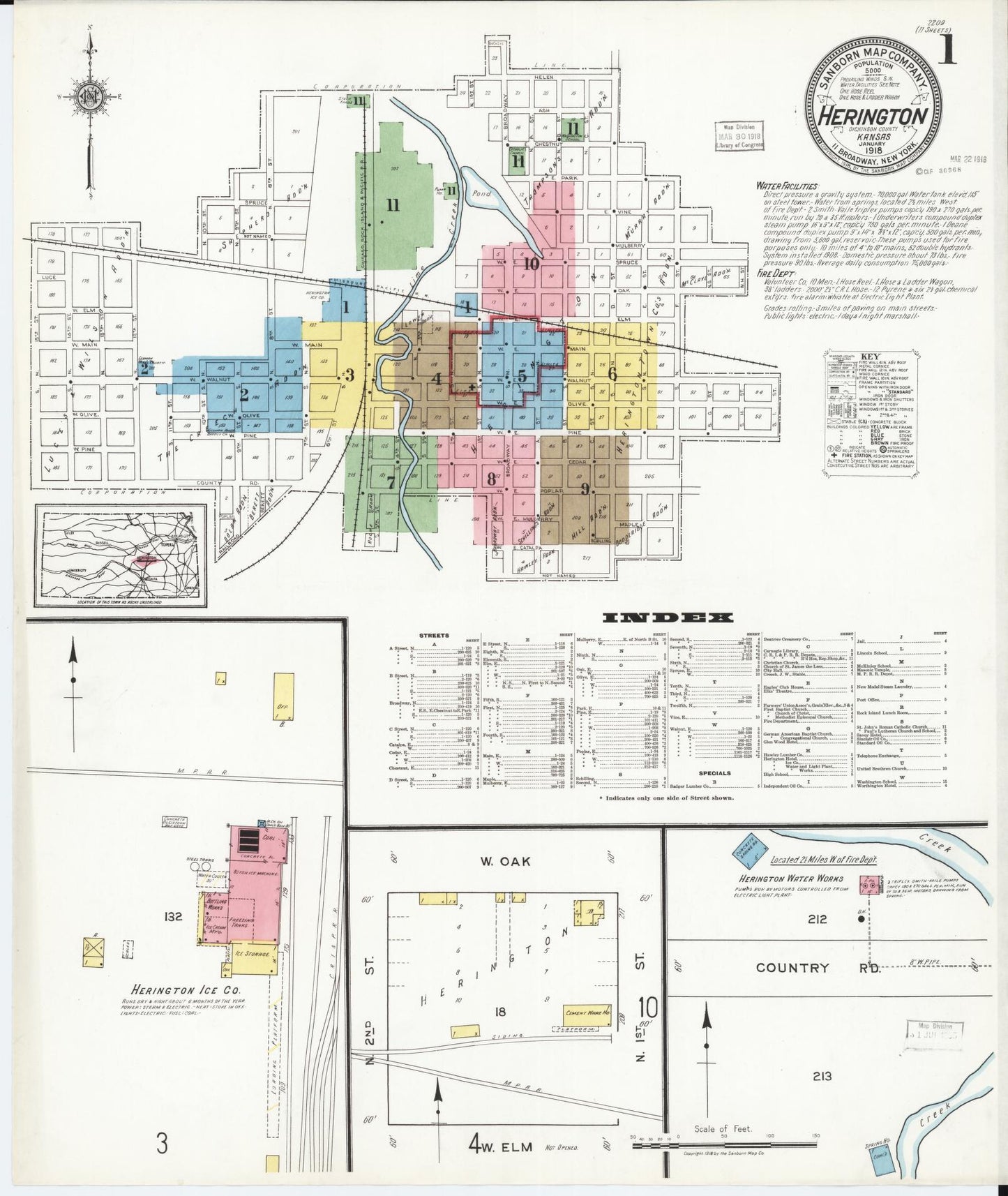 Sanborn Fire Insurance Map from Herington, Dickinson County, Kansas (1918), Sheet #0001 - Historic Sanborn Fire Insurance Map Print, vintage old map wall art, antique decor, genealogy gift, Kansas Kansas map