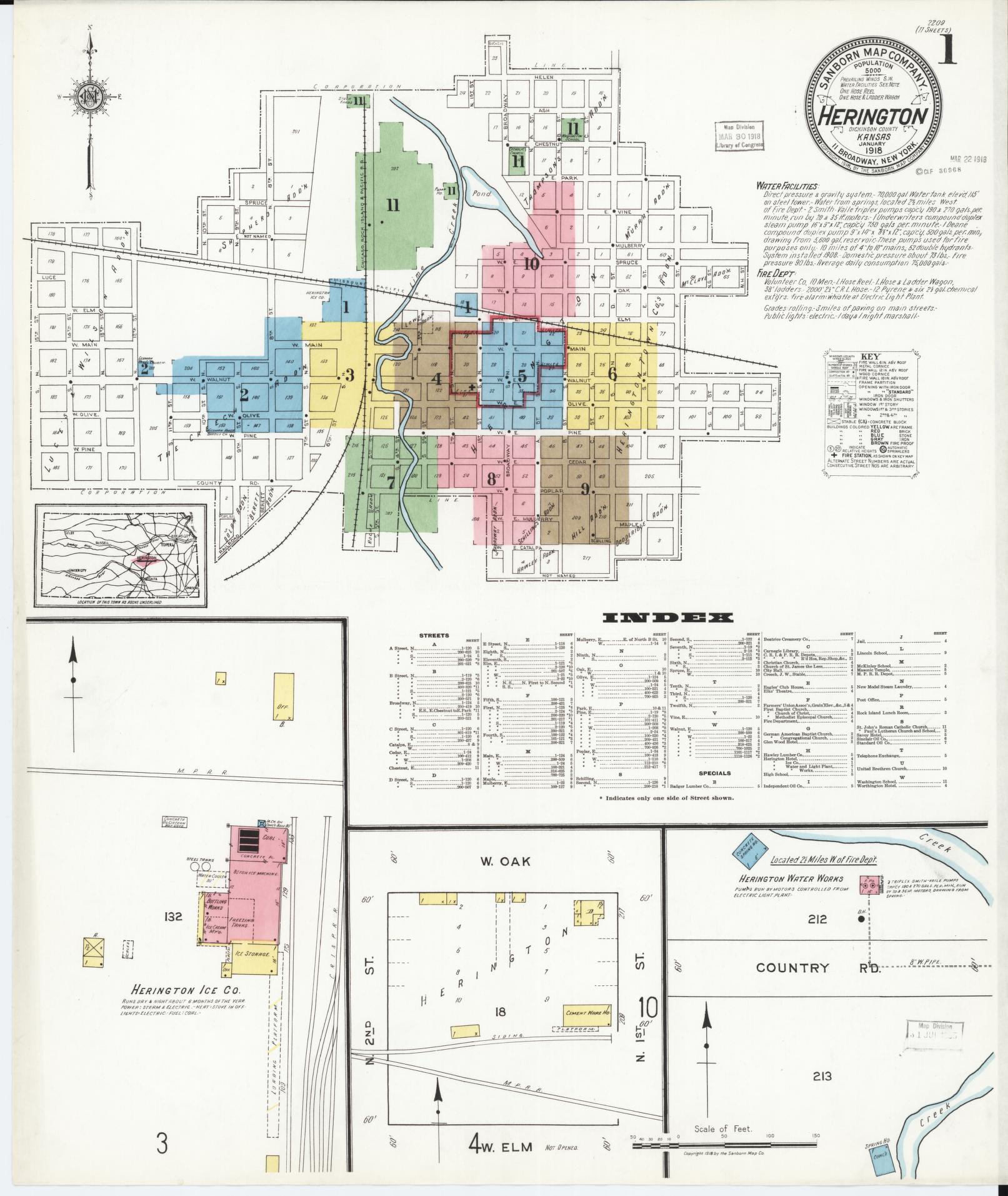 Sanborn Fire Insurance Map from Herington, Dickinson County, Kansas (1918), Sheet #0001 - Historic Sanborn Fire Insurance Map Print, vintage old map wall art, antique decor, genealogy gift, Kansas Kansas map