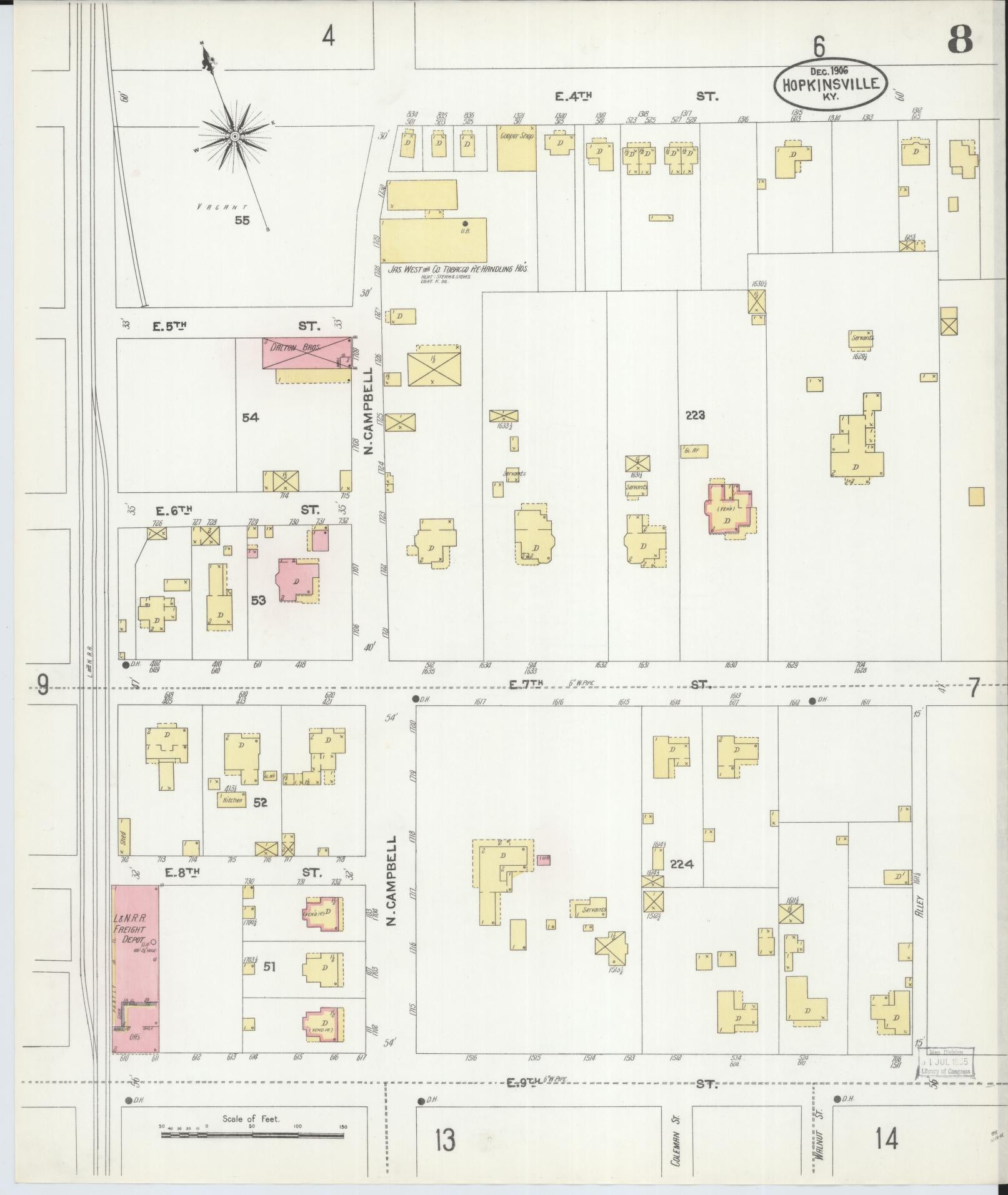 Sanborn Fire Insurance Map from Hopkinsville, Christian County, Kentucky (1906), Sheet #0008 - Complete Map Set gallery image, historic Sanborn map, vintage wall art, Kentucky Kentucky