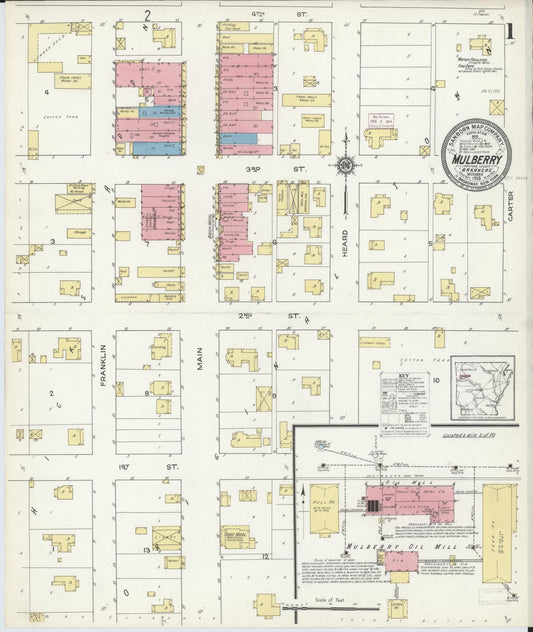 Sanborn Fire Insurance Map from Mulberry, Crawford County, Arkansas (1913), Sheet #0001 - Complete Map Set gallery image, historic Sanborn map, vintage wall art, Arkansas Arkansas