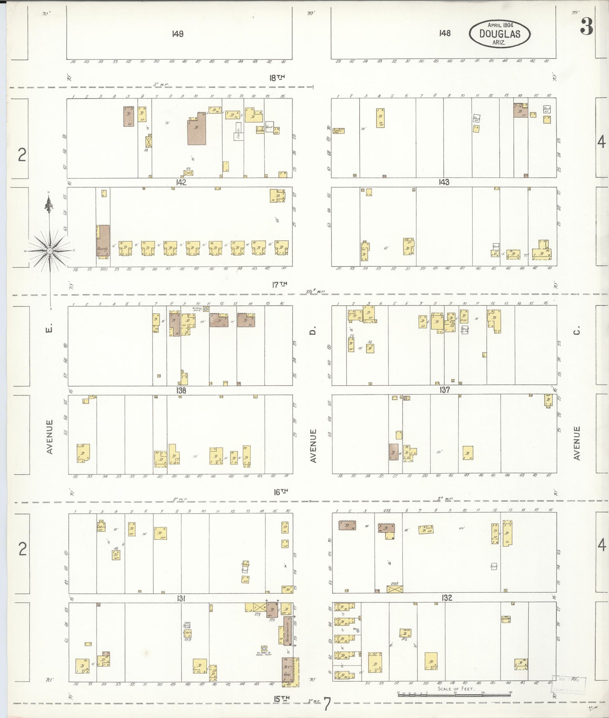 Sanborn Fire Insurance Map from Douglas, Cochise County, Arizona (1904), Sheet #0003 - Historic Sanborn Fire Insurance Map Print, vintage old map wall art, antique decor, genealogy gift, Arizona Arizona map