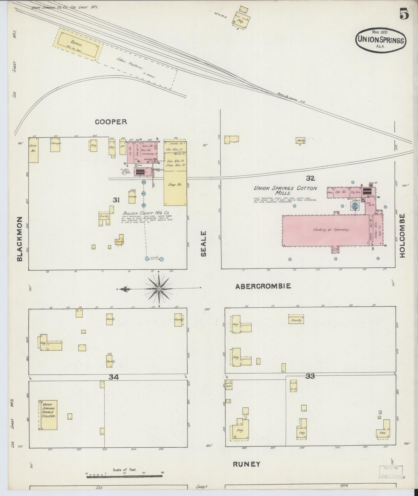 Sanborn Fire Insurance Map from Union Springs, Bullock County, Alabama (1891), Sheet #0005 - Complete Map Set gallery image, historic Sanborn map, vintage wall art, Alabama Alabama