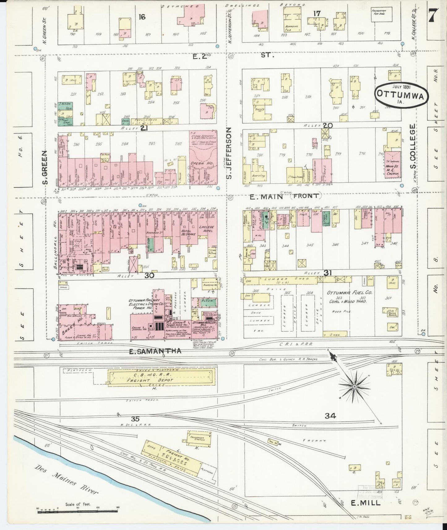 Sanborn Fire Insurance Map from Ottumwa, Wapello County, Iowa (1891), Sheet #0007 - Historic Sanborn Fire Insurance Map Print, vintage old map wall art