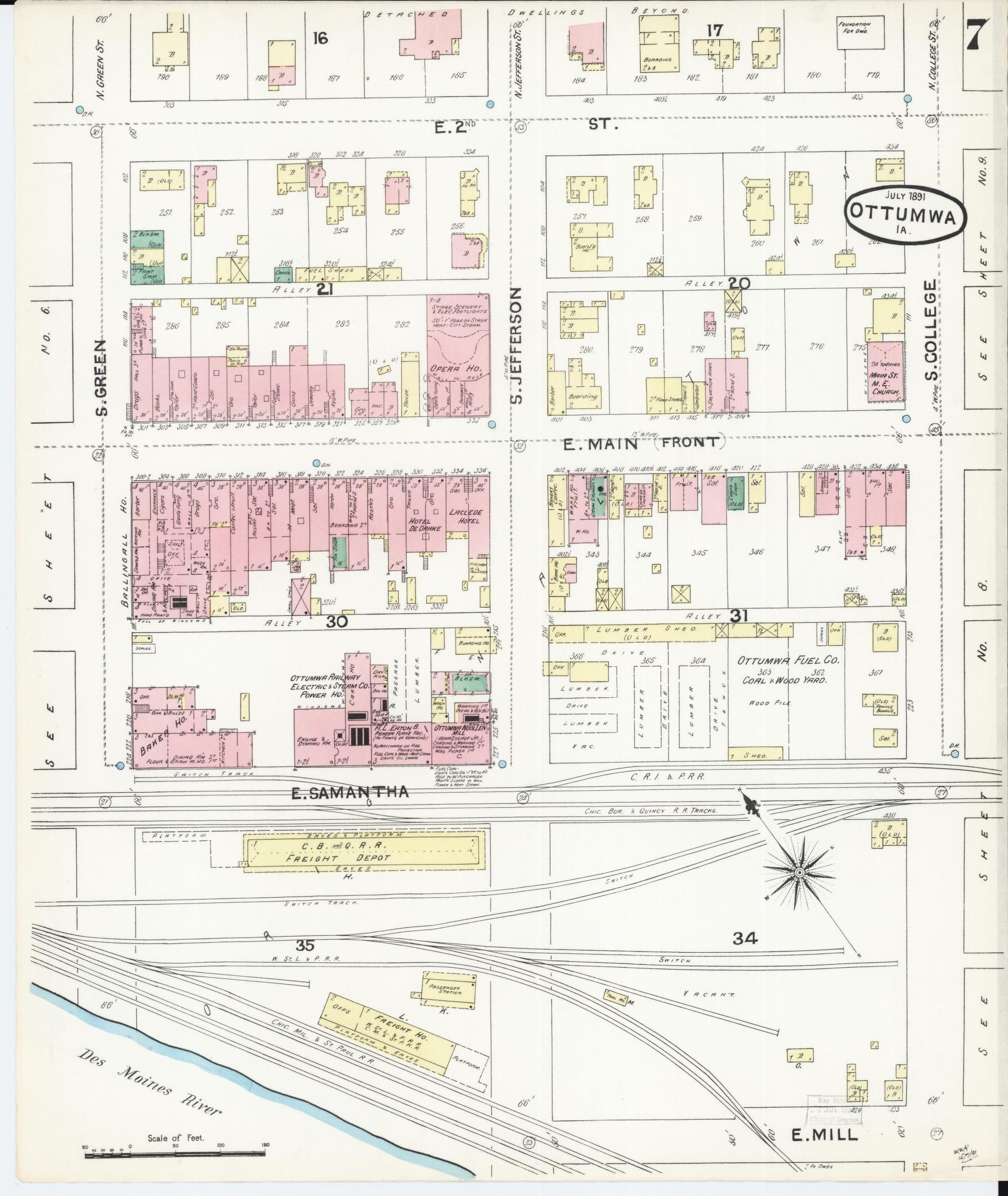 Sanborn Fire Insurance Map from Ottumwa, Wapello County, Iowa (1891), Sheet #0007 - Historic Sanborn Fire Insurance Map Print, vintage old map wall art