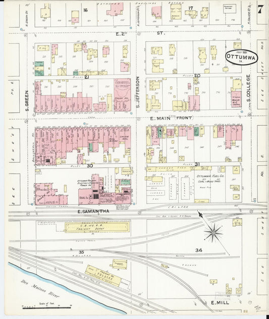 Sanborn Fire Insurance Map from Ottumwa, Wapello County, Iowa (1891), Sheet #0007 - Historic Sanborn Fire Insurance Map Print, vintage old map wall art