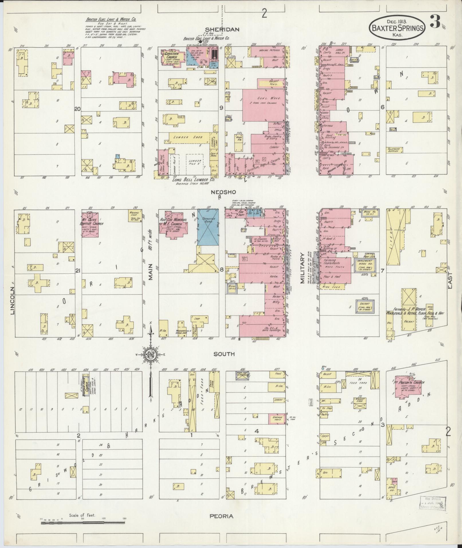 Sanborn Fire Insurance Map from Baxter Springs, Cherokee County, Kansas (1913), Sheet #0003 - Historic Sanborn Fire Insurance Map Print, vintage old map wall art, antique decor, genealogy gift, Kansas Kansas map