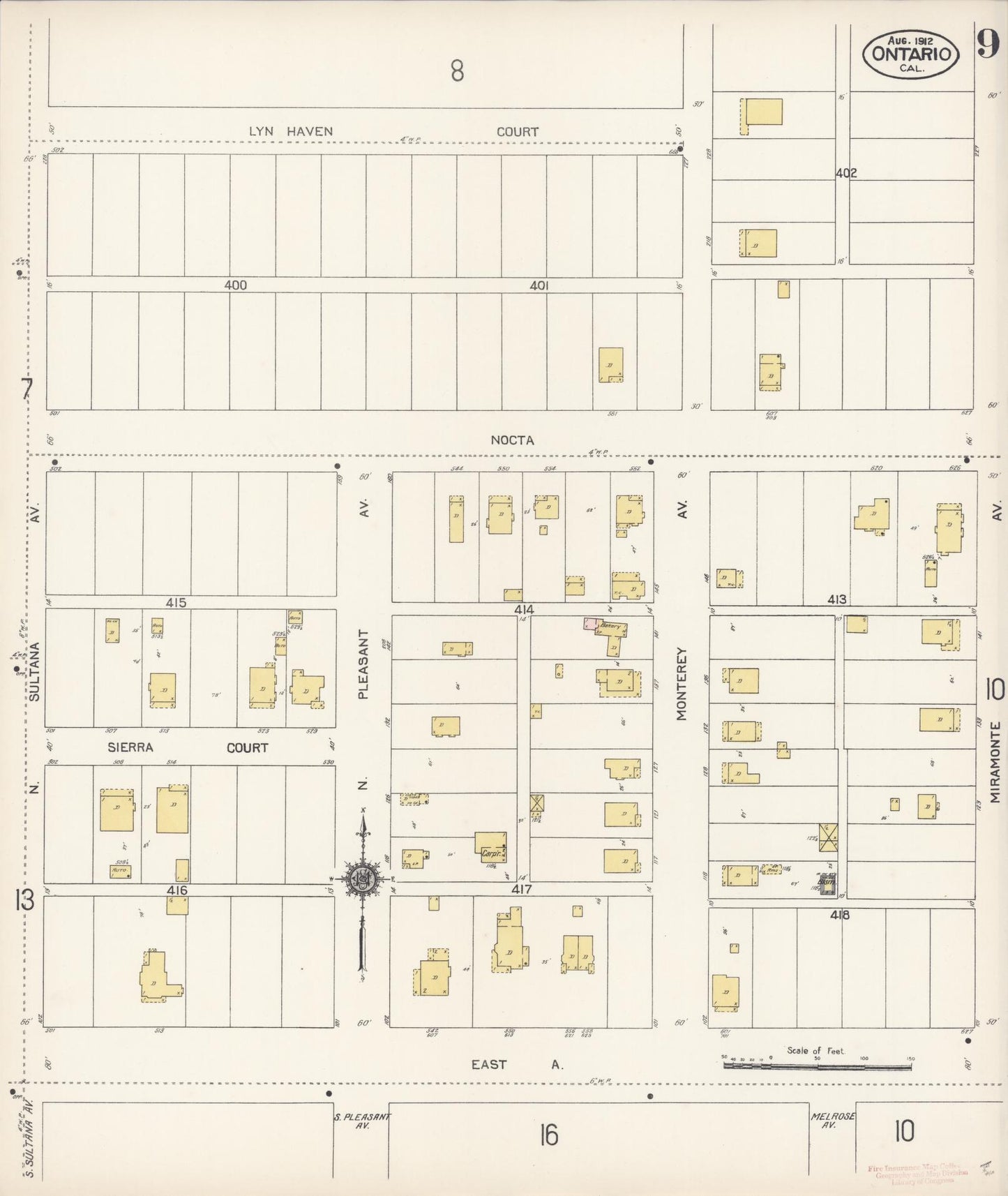 Sanborn Fire Insurance Map from Ontario, San Bernardino County, California (1912), Sheet #0009 - Complete Map Set gallery image, historic Sanborn map, vintage wall art, California California