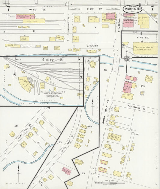 Sanborn Fire Insurance Map from Waynesburg, Greene County, Pennsylvania (1925), Sheet #0007 - Historic Sanborn Fire Insurance Map Print, vintage old map wall art, antique decor, genealogy gift, Pennsylvania Pennsylvania map
