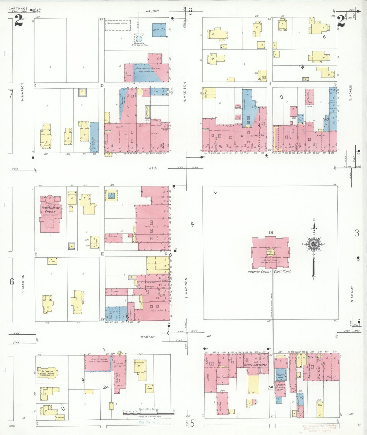 Sanborn Fire Insurance Map from Carthage, Hancock County, Illinois (1943), Sheet #0002 - Historic Sanborn Fire Insurance Map Print, vintage old map wall art, antique decor, genealogy gift, Illinois Illinois map