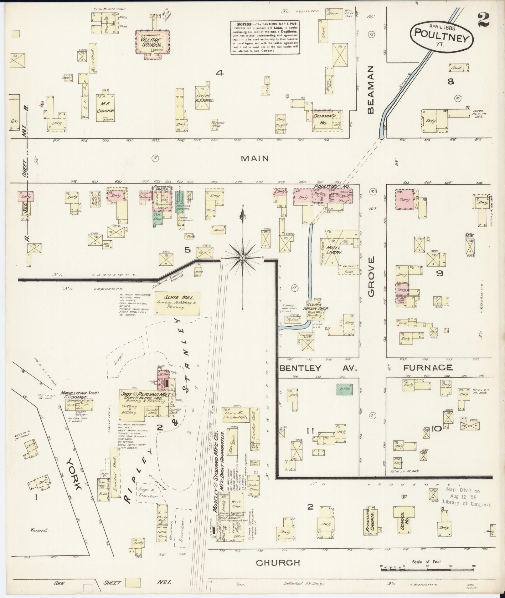 Sanborn Fire Insurance Map from Poultney, Rutland County, Vermont (1885), Sheet #0002 - Historic Sanborn Fire Insurance Map Print, vintage old map wall art, antique decor, genealogy gift, Vermont Vermont map