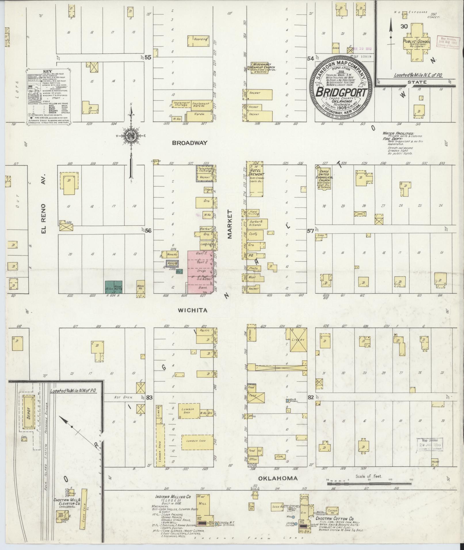 Sanborn Fire Insurance Map from Bridgeport, Caddo County, Oklahoma (1909), Sheet #0001 - Historic Sanborn Fire Insurance Map Print, vintage old map wall art, antique decor, genealogy gift, Oklahoma Oklahoma map