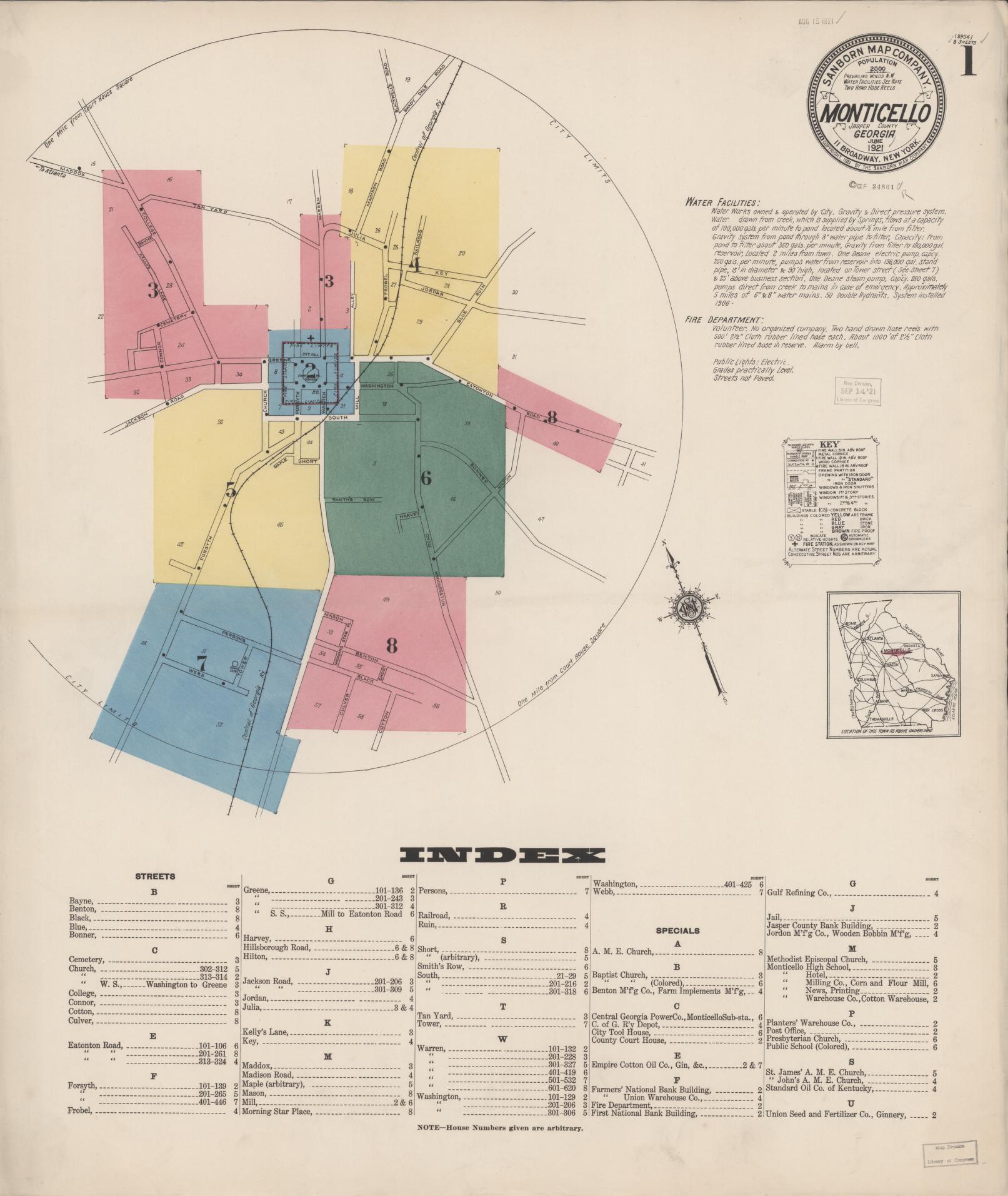 Sanborn Fire Insurance Map from Monticello, Jasper County, Georgia (1921), Sheet #0001 - Historic Sanborn Fire Insurance Map Print, vintage old map wall art, antique decor, genealogy gift, Georgia Georgia map