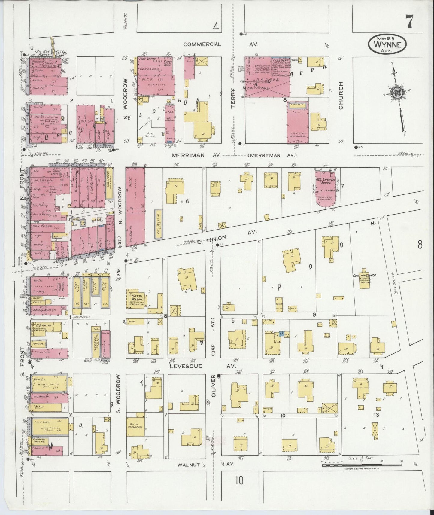 Sanborn Fire Insurance Map from Wynne, Cross County, Arkansas (1919), Sheet #0007 - Historic Sanborn Fire Insurance Map Print, vintage old map wall art, antique decor, genealogy gift, Arkansas Arkansas map