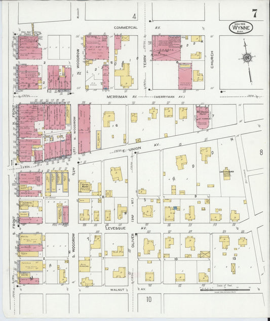 Sanborn Fire Insurance Map from Wynne, Cross County, Arkansas (1919), Sheet #0007 - Historic Sanborn Fire Insurance Map Print, vintage old map wall art, antique decor, genealogy gift, Arkansas Arkansas map