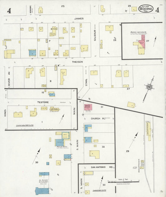 Sanborn Fire Insurance Map from Boerne, Kendall County, Texas (1924), Sheet #0004 - Historic Sanborn Fire Insurance Map Print, vintage old map wall art, antique decor, genealogy gift, Texas Texas map