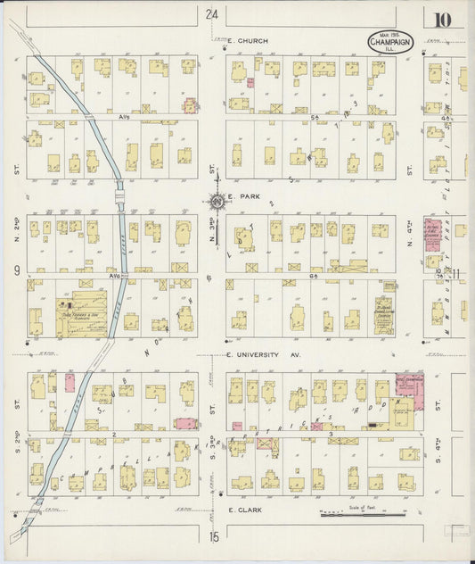 Sanborn Fire Insurance Map from Champaign, Champaign County, Illinois (1915), Sheet #0010 - Historic Sanborn Fire Insurance Map Print, vintage old map wall art, antique decor, genealogy gift, Illinois Illinois map