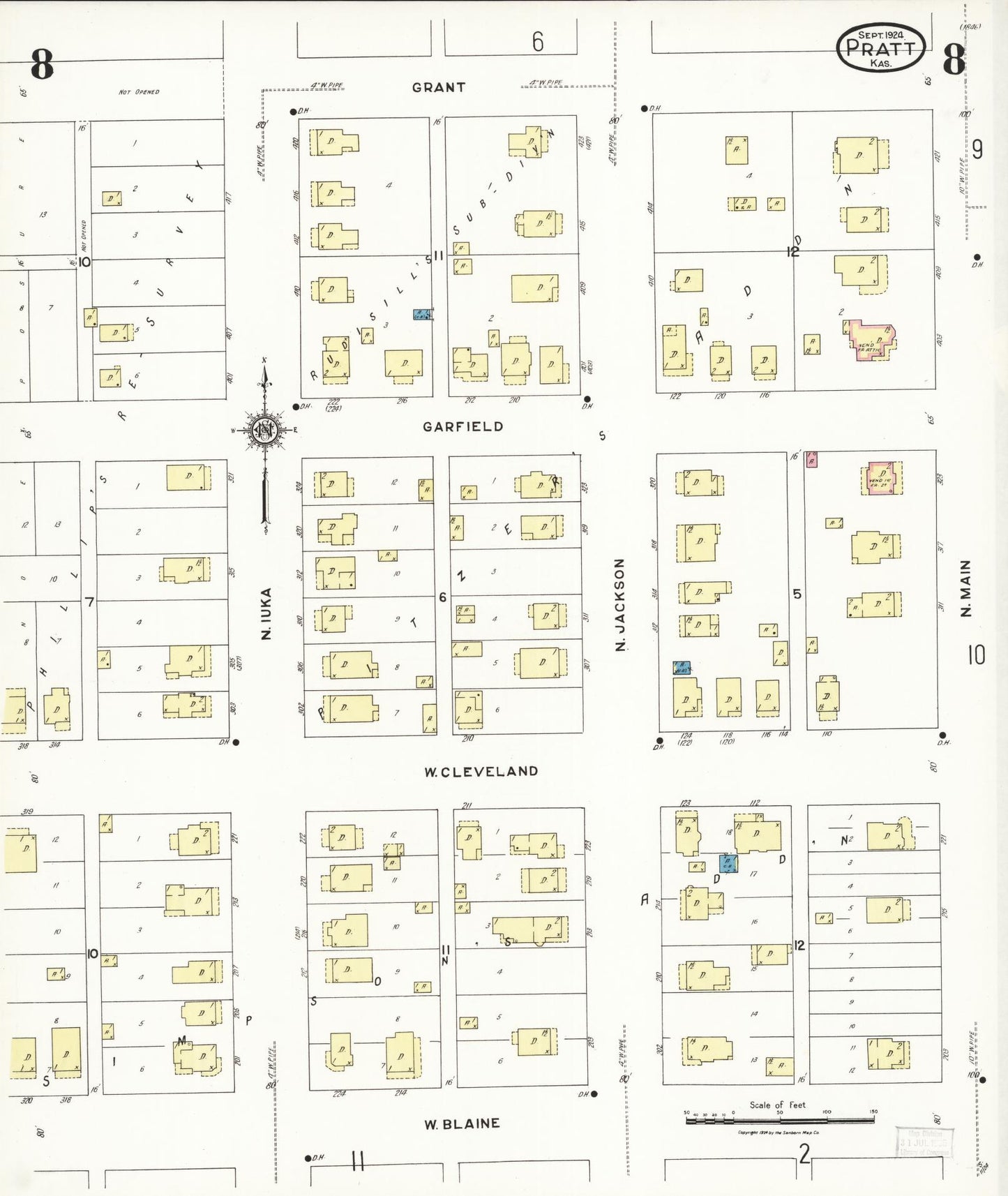 Sanborn Fire Insurance Map from Pratt, Pratt County, Kansas (1924), Sheet #0008 - Complete Map Set gallery image, historic Sanborn map, vintage wall art, Kansas Kansas