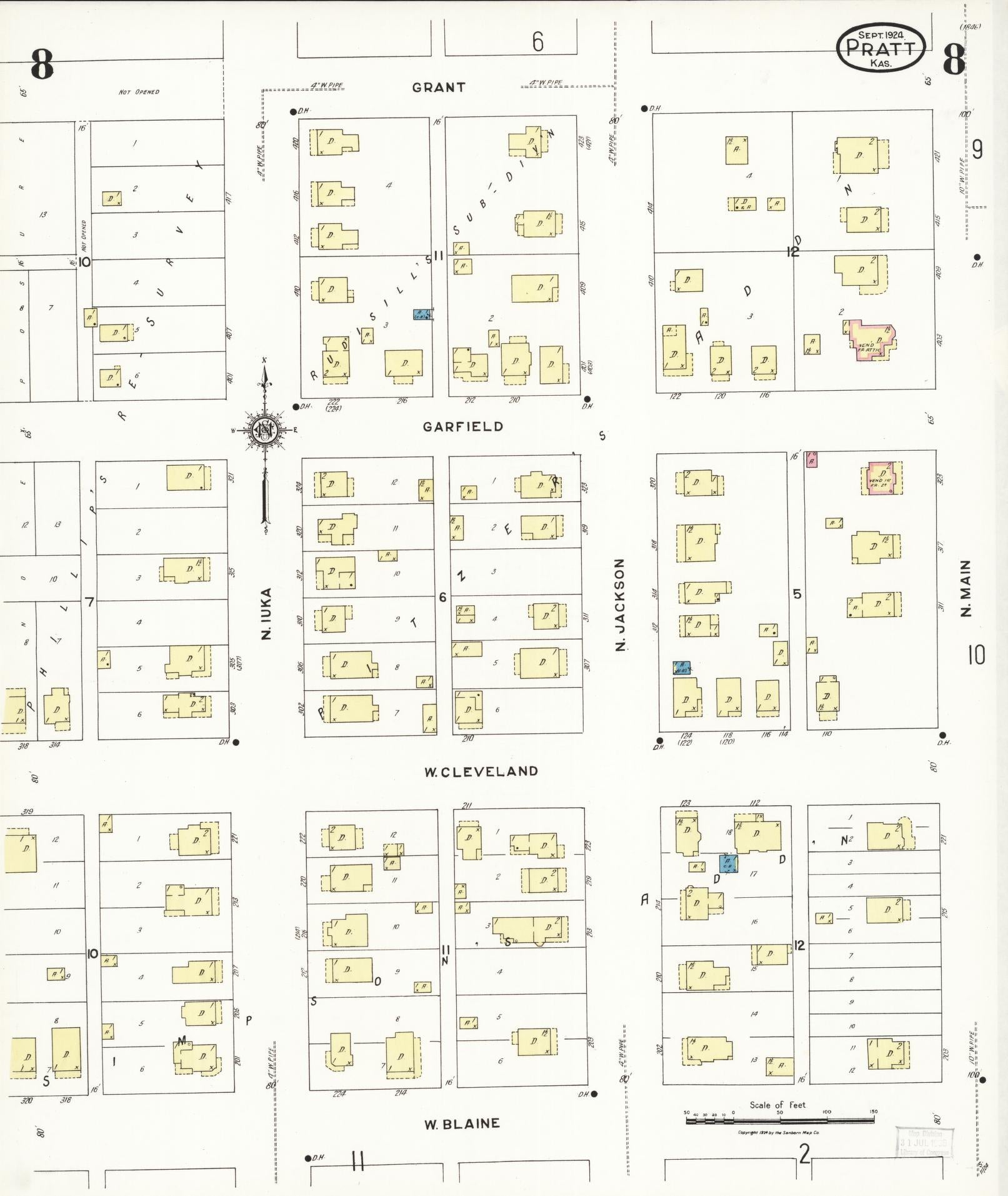 Sanborn Fire Insurance Map from Pratt, Pratt County, Kansas (1924), Sheet #0008 - Complete Map Set gallery image, historic Sanborn map, vintage wall art, Kansas Kansas