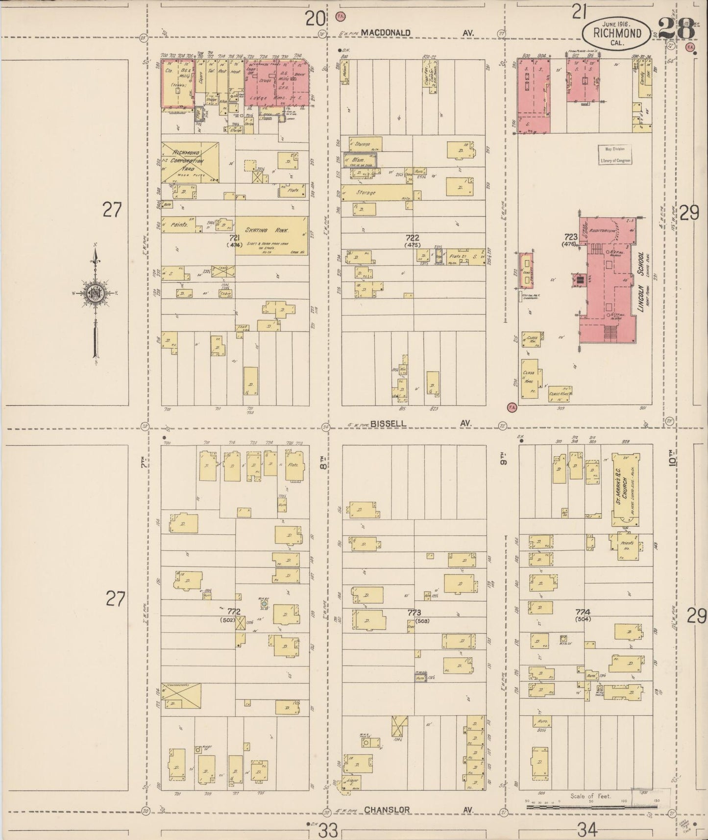 Sanborn Fire Insurance Map from Richmond, Contra Costa County, California (1916), Sheet #0028 - Complete Map Set gallery image, historic Sanborn map, vintage wall art, California California