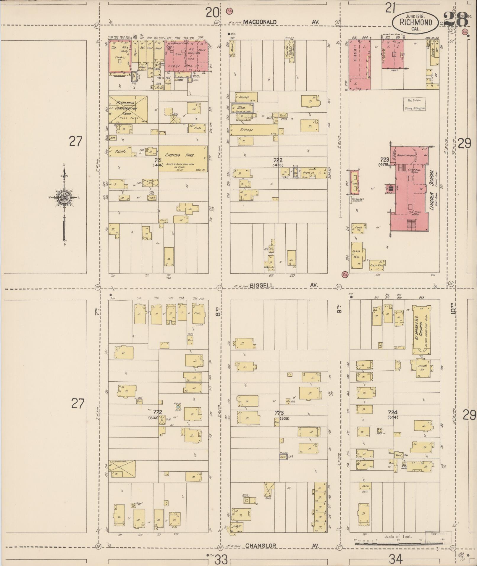 Sanborn Fire Insurance Map from Richmond, Contra Costa County, California (1916), Sheet #0028 - Complete Map Set gallery image, historic Sanborn map, vintage wall art, California California