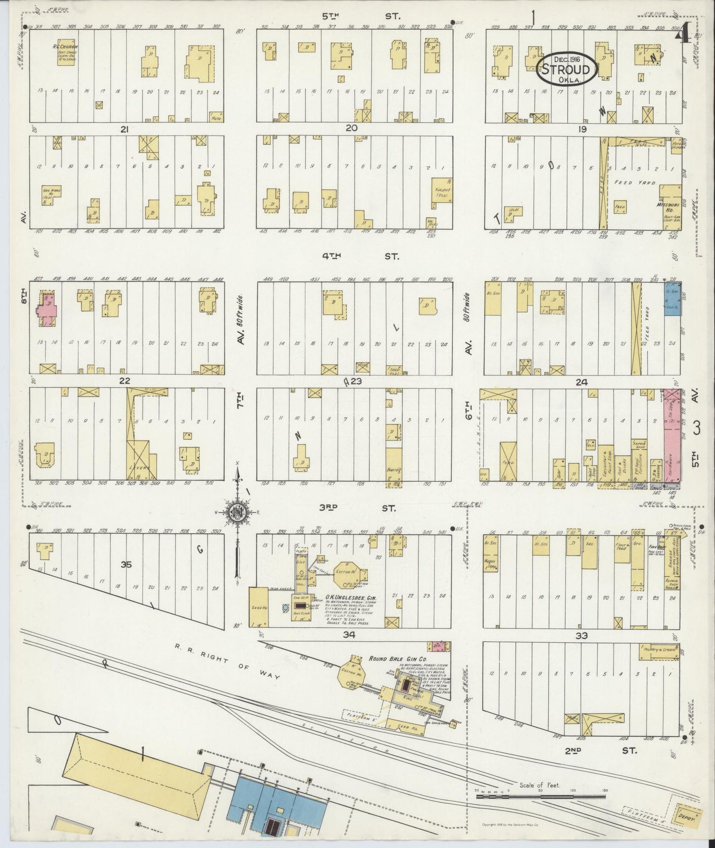 Sanborn Fire Insurance Map from Stroud, Lincoln County, Oklahoma (1916), Sheet #0004 - Historic Sanborn Fire Insurance Map Print, vintage old map wall art, antique decor, genealogy gift, Oklahoma Oklahoma map