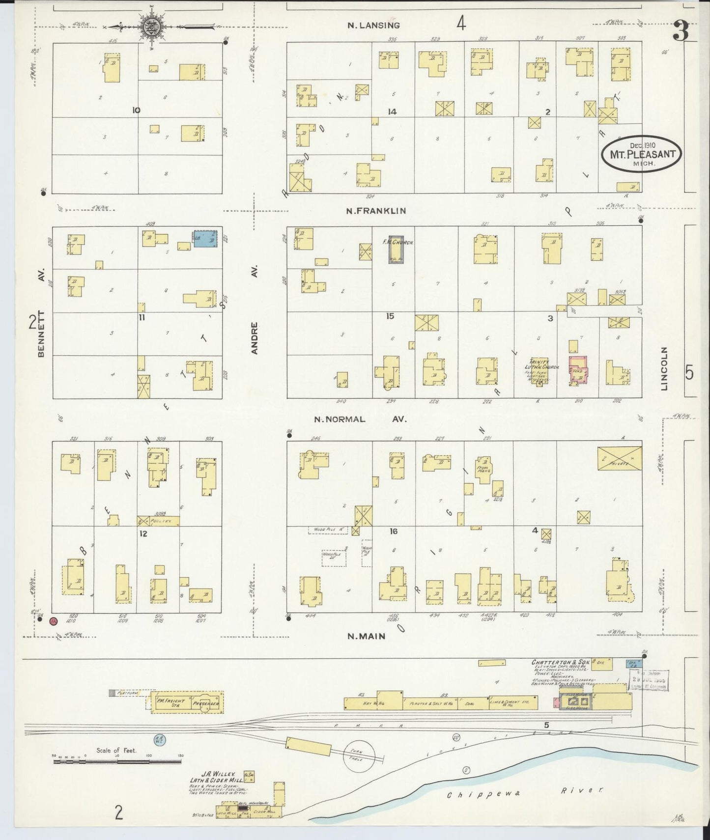 Sanborn Fire Insurance Map from Mount Pleasant, Isabella County, Michigan (1910), Sheet #0003 - Complete Map Set gallery image, historic Sanborn map, vintage wall art, Michigan Michigan